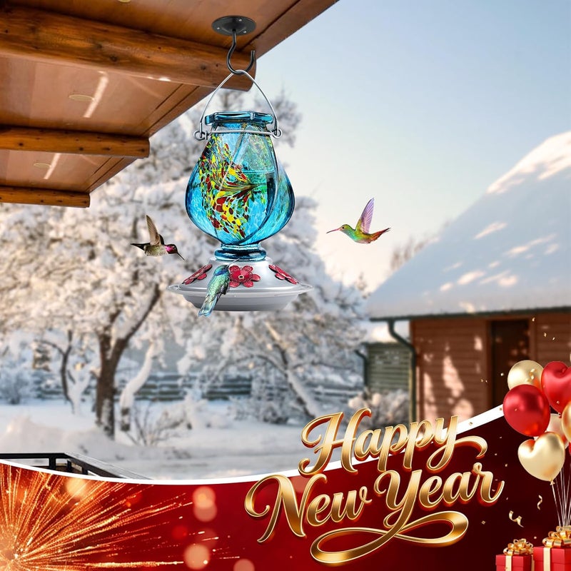 BOLITE Hummingbird Feeder, Hand Blown Glass Hummingbird Feeders for Outdoors Hanging, with Ant Moat and 5 Feeding Ports, 22 Ounces, Blue, Birthday Gifts for Women Men, Gifts for Mom Dad - Image 2